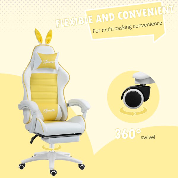 Vinsetto Racing Gaming Chair, Reclining PU Leather Computer Chair with Removable Rabbit Ears, Footrest, Headrest and Lumber Support, Yellow Aosom UK