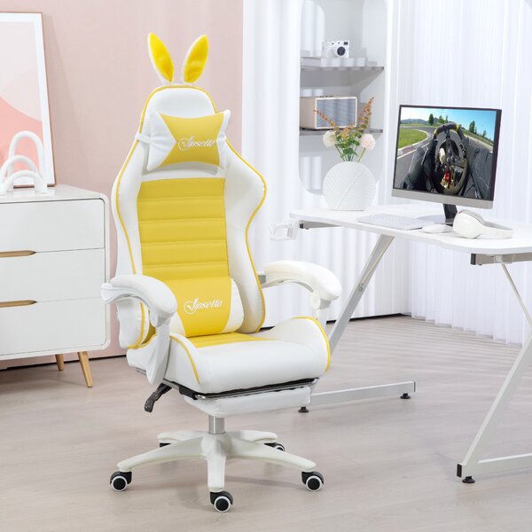 Vinsetto Racing Gaming Chair, Reclining PU Leather Computer Chair with Removable Rabbit Ears, Footrest, Headrest and Lumber Support, Yellow Aosom UK