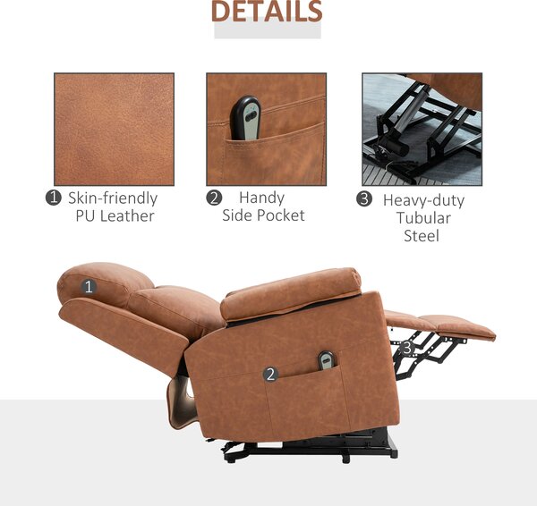 HOMCOM Electric Riser Recliner Chair, Power Lift Armchair for the Elderly with Faux Leather, Remote Control, and Storage Pocket, Brown