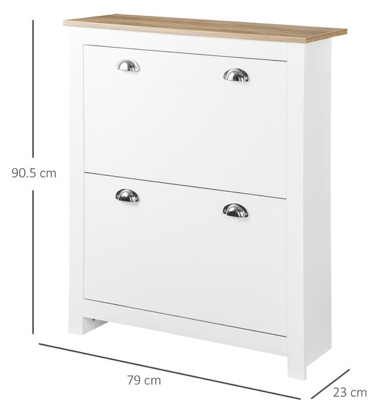 HOMCOM Compact 2 Drawer Shoe Storage Cabinet, Modern Hallway Organiser, Wooden, with Flip Doors & Adjustable Shelf, Holds 12 Pairs, White Aosom UK