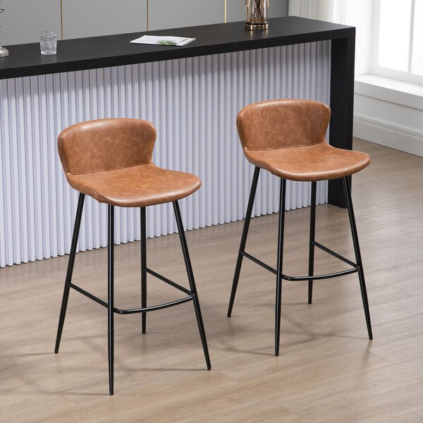 HOMCOM Bar Stools Set of 2, PU Leather Upholstered Bar Chairs, Counter Bar Stool with Backs and Steel Legs for Dining Room, Brown Aosom UK