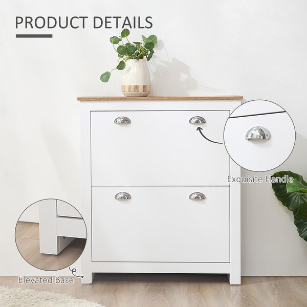 HOMCOM Compact 2 Drawer Shoe Storage Cabinet, Modern Hallway Organiser, Wooden, with Flip Doors & Adjustable Shelf, Holds 12 Pairs, White Aosom UK