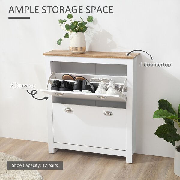 HOMCOM Compact 2 Drawer Shoe Storage Cabinet, Modern Hallway Organiser, Wooden, with Flip Doors & Adjustable Shelf, Holds 12 Pairs, White Aosom UK