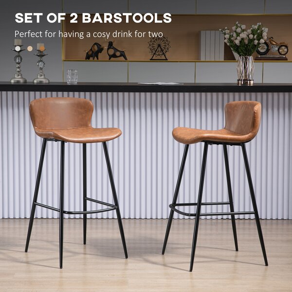 HOMCOM Bar Stools Set of 2, PU Leather Upholstered Bar Chairs, Counter Bar Stool with Backs and Steel Legs for Dining Room, Brown Aosom UK