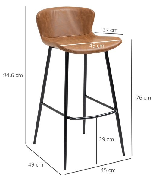 HOMCOM Bar Stools Set of 2, PU Leather Upholstered Bar Chairs, Counter Bar Stool with Backs and Steel Legs for Dining Room, Brown Aosom UK