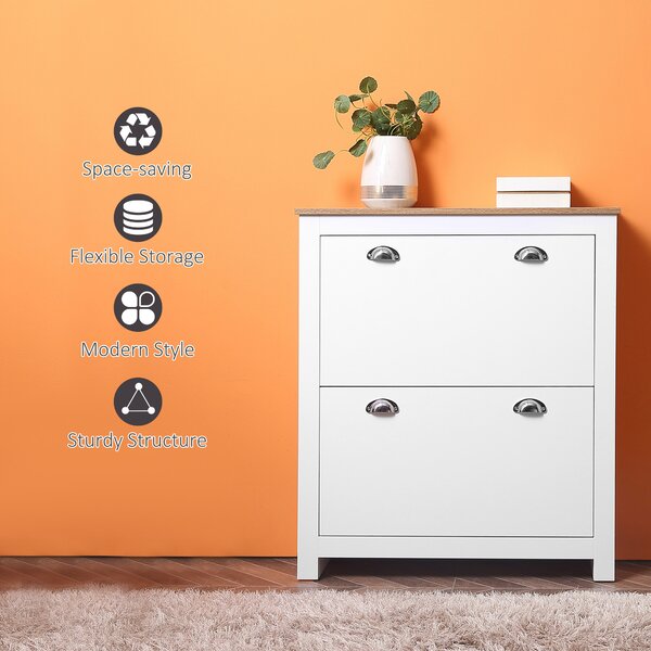 HOMCOM Compact 2 Drawer Shoe Storage Cabinet, Modern Hallway Organiser, Wooden, with Flip Doors & Adjustable Shelf, Holds 12 Pairs, White Aosom UK
