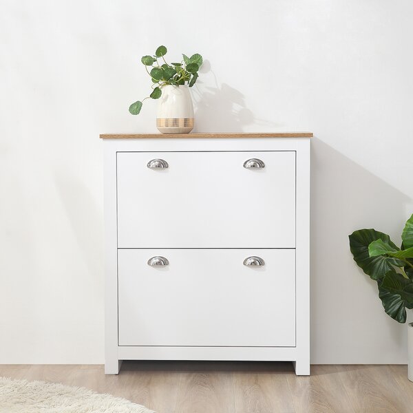 HOMCOM Compact 2 Drawer Shoe Storage Cabinet, Modern Hallway Organiser, Wooden, with Flip Doors & Adjustable Shelf, Holds 12 Pairs, White Aosom UK