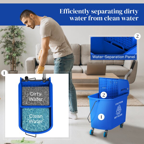 HOMCOM 20L Mop Bucket with Wringer and Handle, Mop Bucket on Wheels for Floor Cleaning, Separate Dirty and Clean Water, Blue Aosom UK