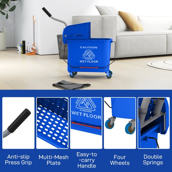 HOMCOM 20L Mop Bucket with Wringer and Handle, Mop Bucket on Wheels for Floor Cleaning, Separate Dirty and Clean Water, Blue Aosom UK