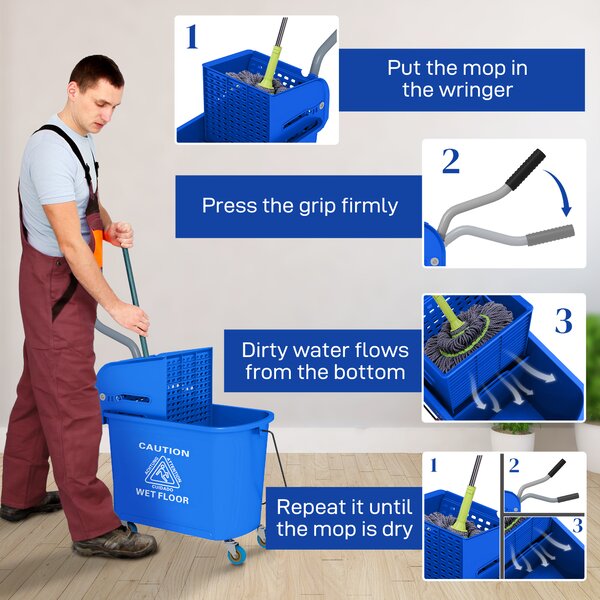 HOMCOM 20L Mop Bucket with Wringer and Handle, Mop Bucket on Wheels for Floor Cleaning, Separate Dirty and Clean Water, Blue Aosom UK
