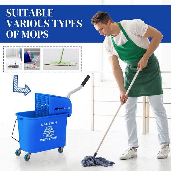 HOMCOM 20L Mop Bucket with Wringer and Handle, Mop Bucket on Wheels for Floor Cleaning, Separate Dirty and Clean Water, Blue Aosom UK