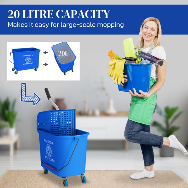 HOMCOM 20L Mop Bucket with Wringer and Handle, Mop Bucket on Wheels for Floor Cleaning, Separate Dirty and Clean Water, Blue Aosom UK