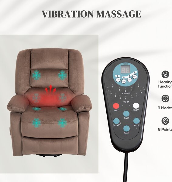 HOMCOM Electric Riser and Recliner Chair with Vibration Massage, Heat, Side Pocket, Brown Aosom UK
