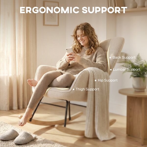 HOMCOM Wingback Rocking Chair for Nursing, Berber Fleece Nursery Glider Rocker, Modern Armchair for Living Room, Beige