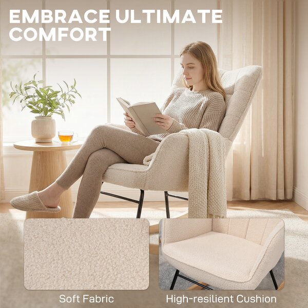 HOMCOM Wingback Rocking Chair for Nursing, Berber Fleece Nursery Glider Rocker, Modern Armchair for Living Room, Beige