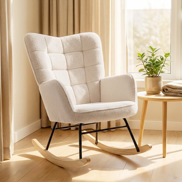 HOMCOM Wingback Rocking Chair for Nursing, Berber Fleece Nursery Glider Rocker, Modern Armchair for Living Room, Beige