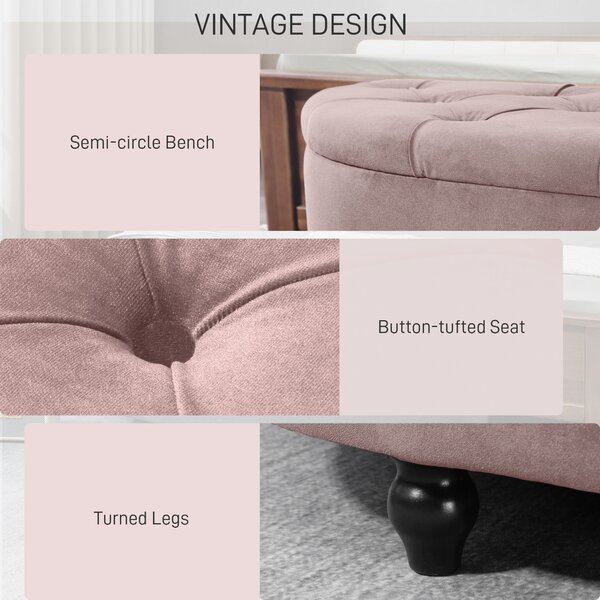 HOMCOM Semi-Circle Bed End Bench Ottoman with Storage Tufted Upholstered Accent Seat Footrest Stool w/ Rubberwood Legs for Bedroom, Pink Aosom UK