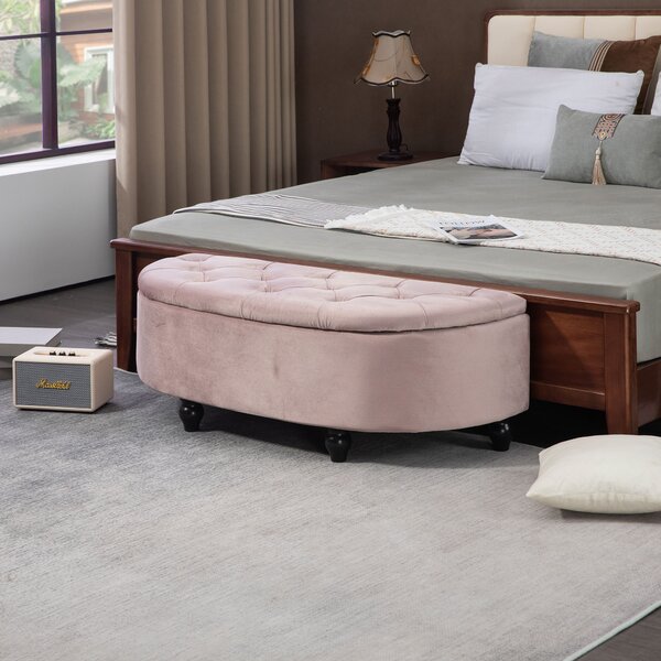 HOMCOM Semi-Circle Bed End Bench Ottoman with Storage Tufted Upholstered Accent Seat Footrest Stool w/ Rubberwood Legs for Bedroom, Pink Aosom UK