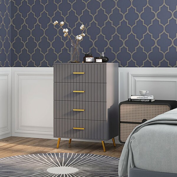 HOMCOM Bedroom Chest of Drawers, Modern 4-Drawer Dresser, Storage Drawer Unit with Aluminium Legs, Dark Grey Aosom UK