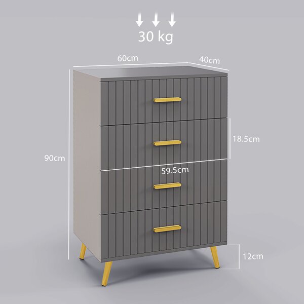 HOMCOM Bedroom Chest of Drawers, Modern 4-Drawer Dresser, Storage Drawer Unit with Aluminium Legs, Dark Grey Aosom UK