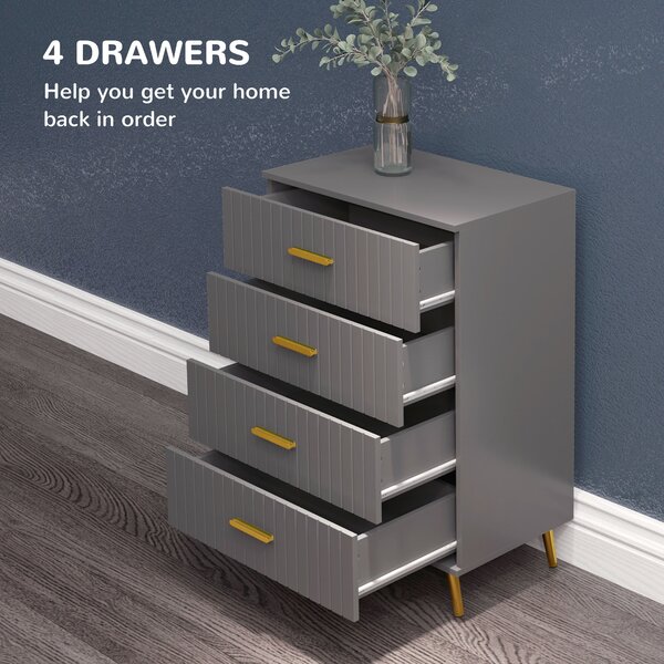 HOMCOM Bedroom Chest of Drawers, Modern 4-Drawer Dresser, Storage Drawer Unit with Aluminium Legs, Dark Grey Aosom UK