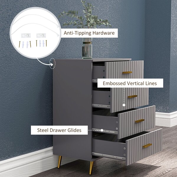 HOMCOM Bedroom Chest of Drawers, Modern 4-Drawer Dresser, Storage Drawer Unit with Aluminium Legs, Dark Grey Aosom UK