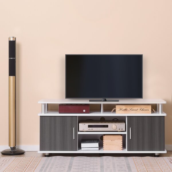 HOMCOM TV Cabinet Unit for TVs up to 55'' with Storage Shelf and Cupboards, Living Room Entertainment Center Media Console, Grey and White Aosom UK