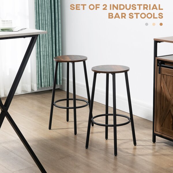 HOMCOM Industrial Bar Chair Set of 2: Steel Legs, Round Footrest, Rustic Brown for Dining Areas, Counter Bar Stool Aosom UK