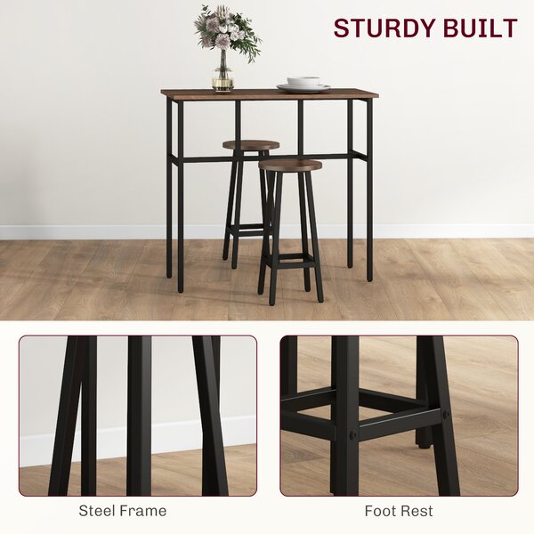 HOMCOM Bar Table and Stools, 2 Breakfast Tables w/ 4 Stools, Counter Height Dining Tables & Chairs for Kitchen, Living Room, Rustic Brown Aosom UK