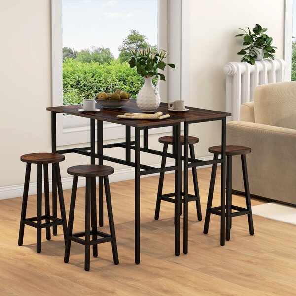 HOMCOM Bar Table and Stools, 2 Breakfast Tables w/ 4 Stools, Counter Height Dining Tables & Chairs for Kitchen, Living Room, Rustic Brown Aosom UK