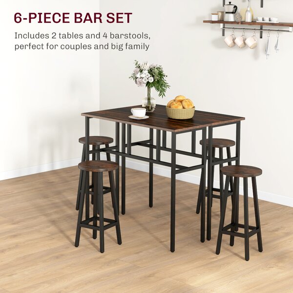 HOMCOM Bar Table and Stools, 2 Breakfast Tables w/ 4 Stools, Counter Height Dining Tables & Chairs for Kitchen, Living Room, Rustic Brown Aosom UK