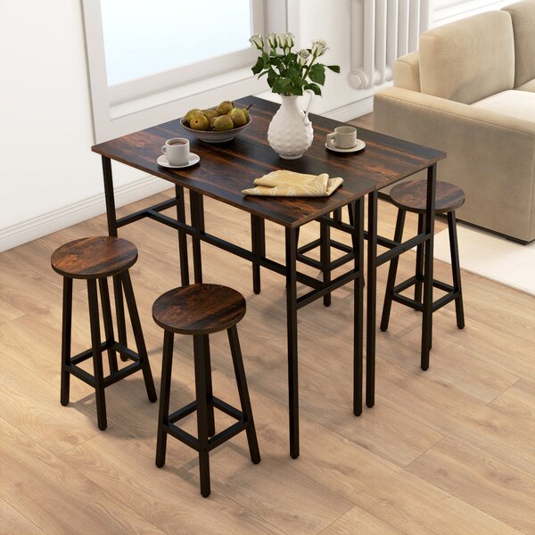 HOMCOM Bar Table and Stools, 2 Breakfast Tables w/ 4 Stools, Counter Height Dining Tables & Chairs for Kitchen, Living Room, Rustic Brown Aosom UK