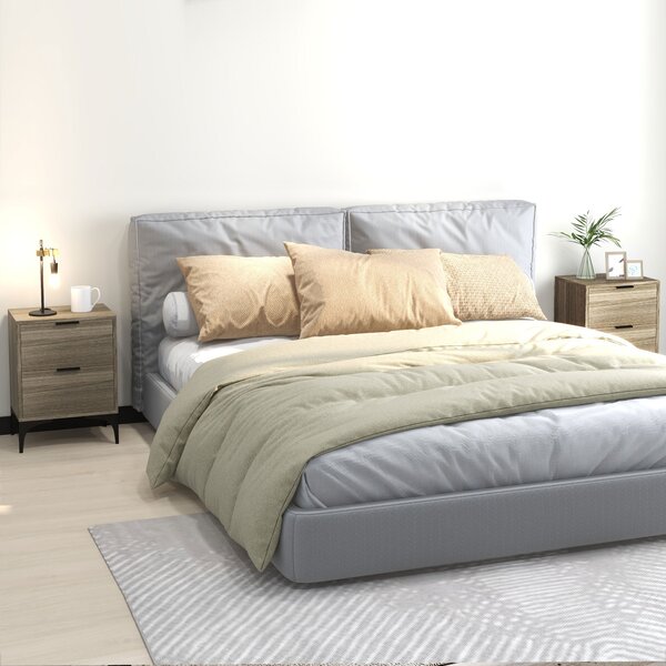 HOMCOM Bedside Tables Set of 2, Modern Nightstand w/ 2 Drawers, Small Sofa End Tables w/ Storage, Steel Legs for Bedroom, Living Room, Grey Aosom UK