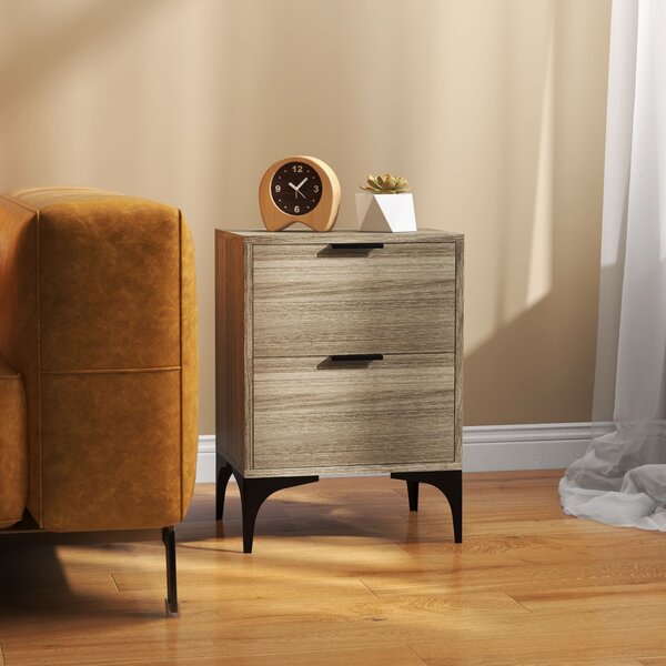 HOMCOM Bedside Tables Set of 2, Modern Nightstand w/ 2 Drawers, Small Sofa End Tables w/ Storage, Steel Legs for Bedroom, Living Room, Grey Aosom UK