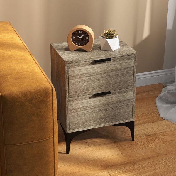 HOMCOM Bedside Tables Set of 2, Modern Nightstand w/ 2 Drawers, Small Sofa End Tables w/ Storage, Steel Legs for Bedroom, Living Room, Grey Aosom UK