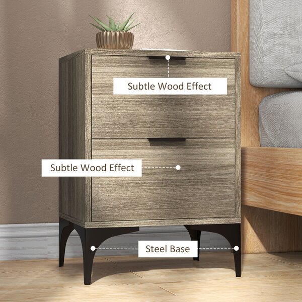 HOMCOM Bedside Tables Set of 2, Modern Nightstand w/ 2 Drawers, Small Sofa End Tables w/ Storage, Steel Legs for Bedroom, Living Room, Grey Aosom UK