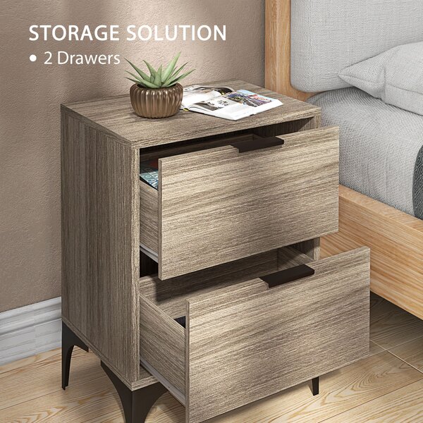 HOMCOM Bedside Tables Set of 2, Modern Nightstand w/ 2 Drawers, Small Sofa End Tables w/ Storage, Steel Legs for Bedroom, Living Room, Grey Aosom UK