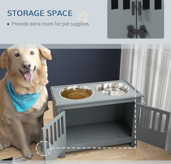 PawHut Elevated Dog Bowls for Large Breeds, Pet Feeder Station with Storage, Secure Doors, Dual Stainless Steel Bowls, Grey Aosom UK