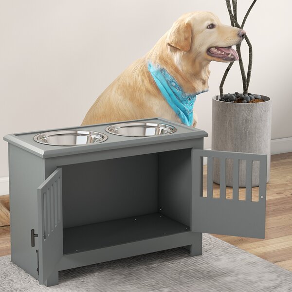 PawHut Elevated Dog Bowls for Large Breeds, Pet Feeder Station with Storage, Secure Doors, Dual Stainless Steel Bowls, Grey Aosom UK