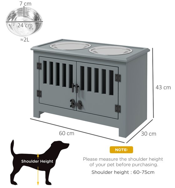 PawHut Elevated Dog Bowls for Large Breeds, Pet Feeder Station with Storage, Secure Doors, Dual Stainless Steel Bowls, Grey Aosom UK