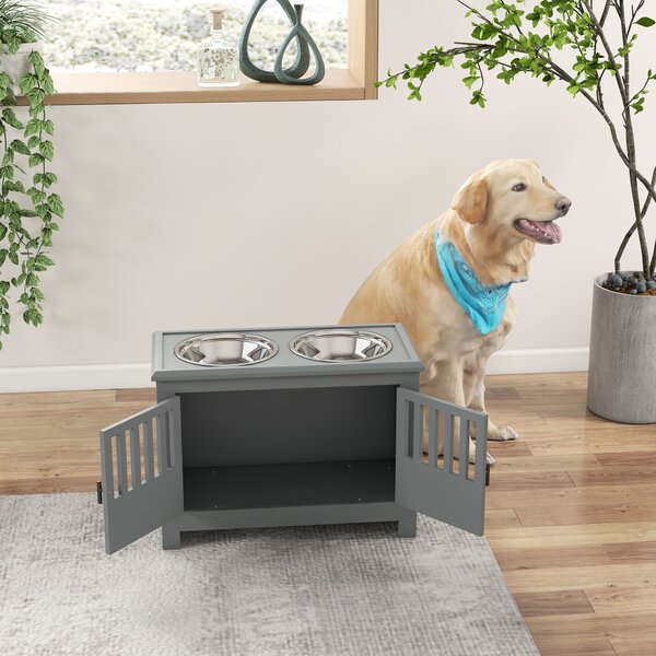 PawHut Elevated Dog Bowls for Large Breeds, Pet Feeder Station with Storage, Secure Doors, Dual Stainless Steel Bowls, Grey Aosom UK