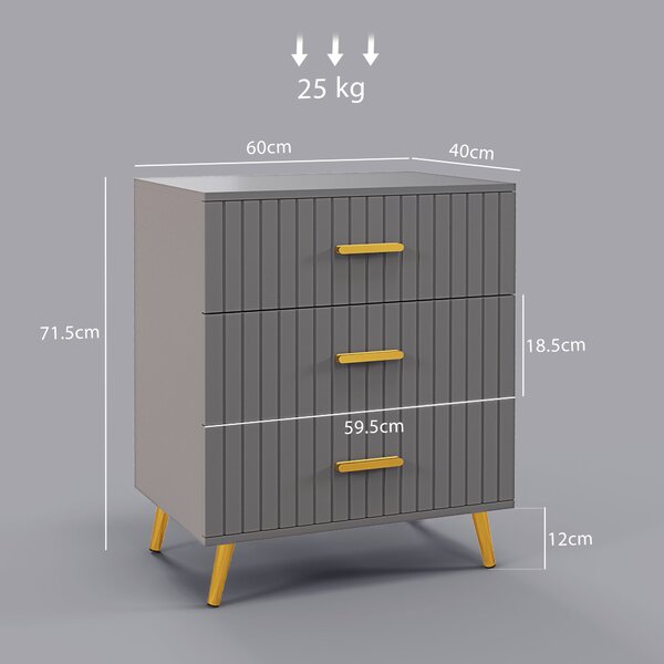 HOMCOM Bedroom Chest of Drawers, Modern 3-Drawer Dresser, Storage Drawer Unit with Aluminium Legs, Dark Grey Aosom UK