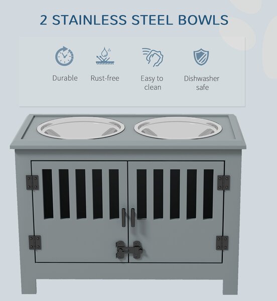 PawHut Elevated Dog Bowls for Large Breeds, Pet Feeder Station with Storage, Secure Doors, Dual Stainless Steel Bowls, Grey Aosom UK