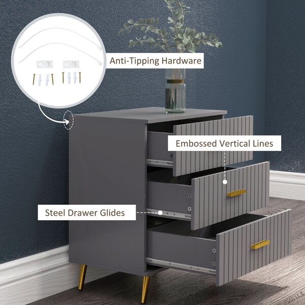 HOMCOM Bedroom Chest of Drawers, Modern 3-Drawer Dresser, Storage Drawer Unit with Aluminium Legs, Dark Grey Aosom UK