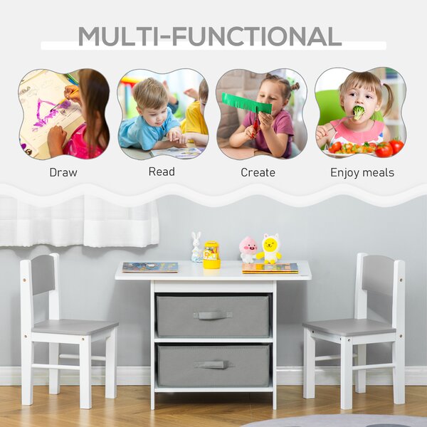 HOMCOM 3 Pcs Kids Table & Chairs Set Mini Seating Furniture Home Playroom w/ Storage Drawers Safe Corners for 2-4 Years old White Aosom UK