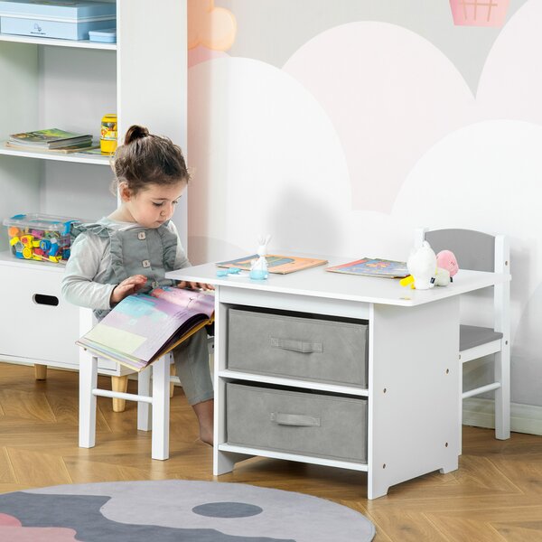 HOMCOM 3 Pcs Kids Table & Chairs Set Mini Seating Furniture Home Playroom w/ Storage Drawers Safe Corners for 2-4 Years old White Aosom UK