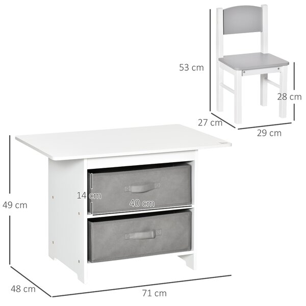 HOMCOM 3 Pcs Kids Table & Chairs Set Mini Seating Furniture Home Playroom w/ Storage Drawers Safe Corners for 2-4 Years old White Aosom UK
