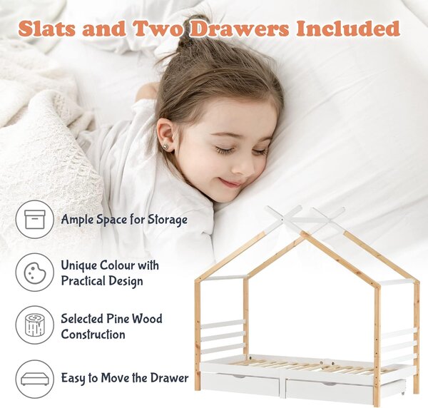 Tree House Canopy Bed With Underbed Storage Drawers, Solid Pine Wood Bed with Safety Rail Guards for Kids, 200x96x183 cm, Natural Aosom UK