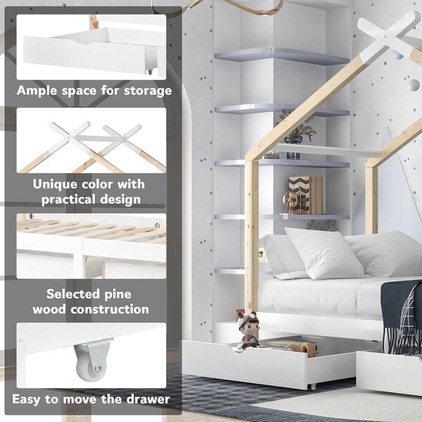Tree House Canopy Bed With Underbed Storage Drawers, Solid Pine Wood Bed with Safety Rail Guards for Kids, 200x96x183 cm, Natural Aosom UK