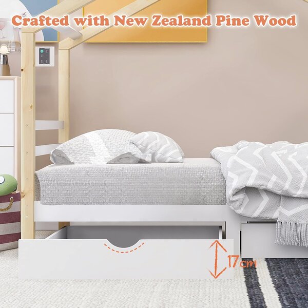 Tree House Canopy Bed With Underbed Storage Drawers, Solid Pine Wood Bed with Safety Rail Guards for Kids, 200x96x183 cm, Natural Aosom UK